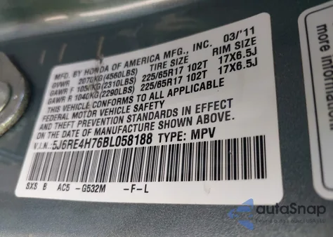 2011 Honda Cr-V Ex-L из США, поврежденный, VIN 5J6RE4H76BL058188